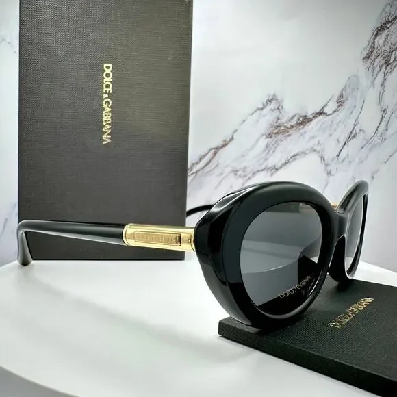 New Dolce & Gabbana Sunglasses Black Oval Cat Eye Gold Metal Logo 54-18 - Picture 16 of 16